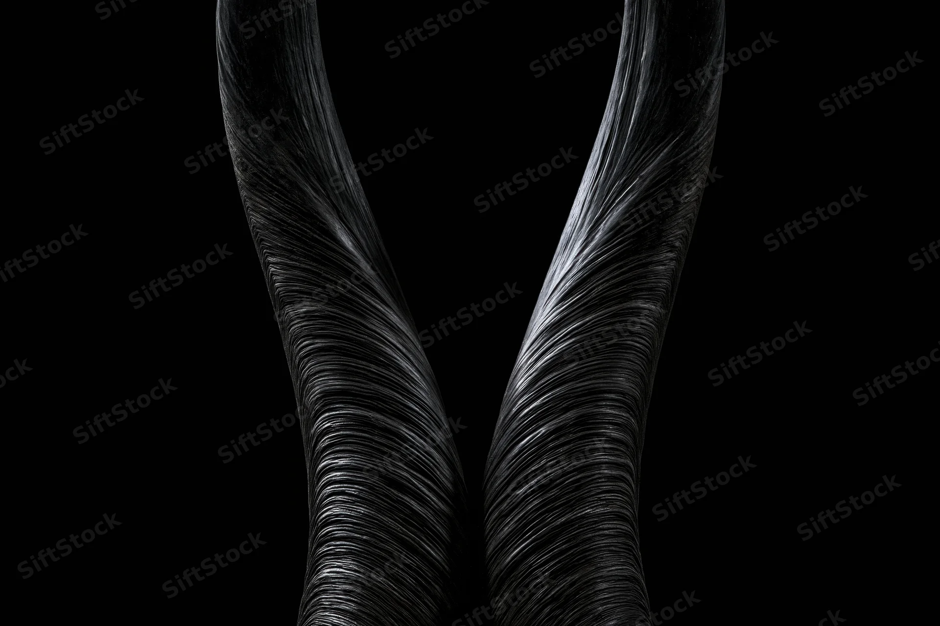 Pair of large curved antelope horns against black background