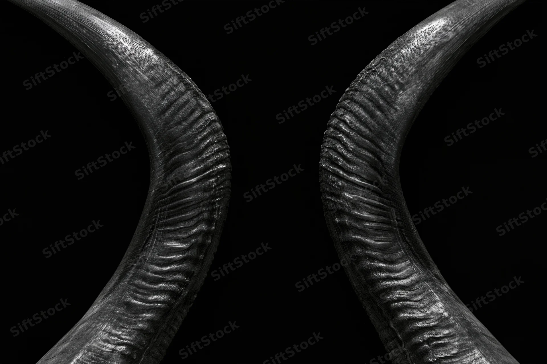 Pair of large curved antelope horns against black background in closeup view