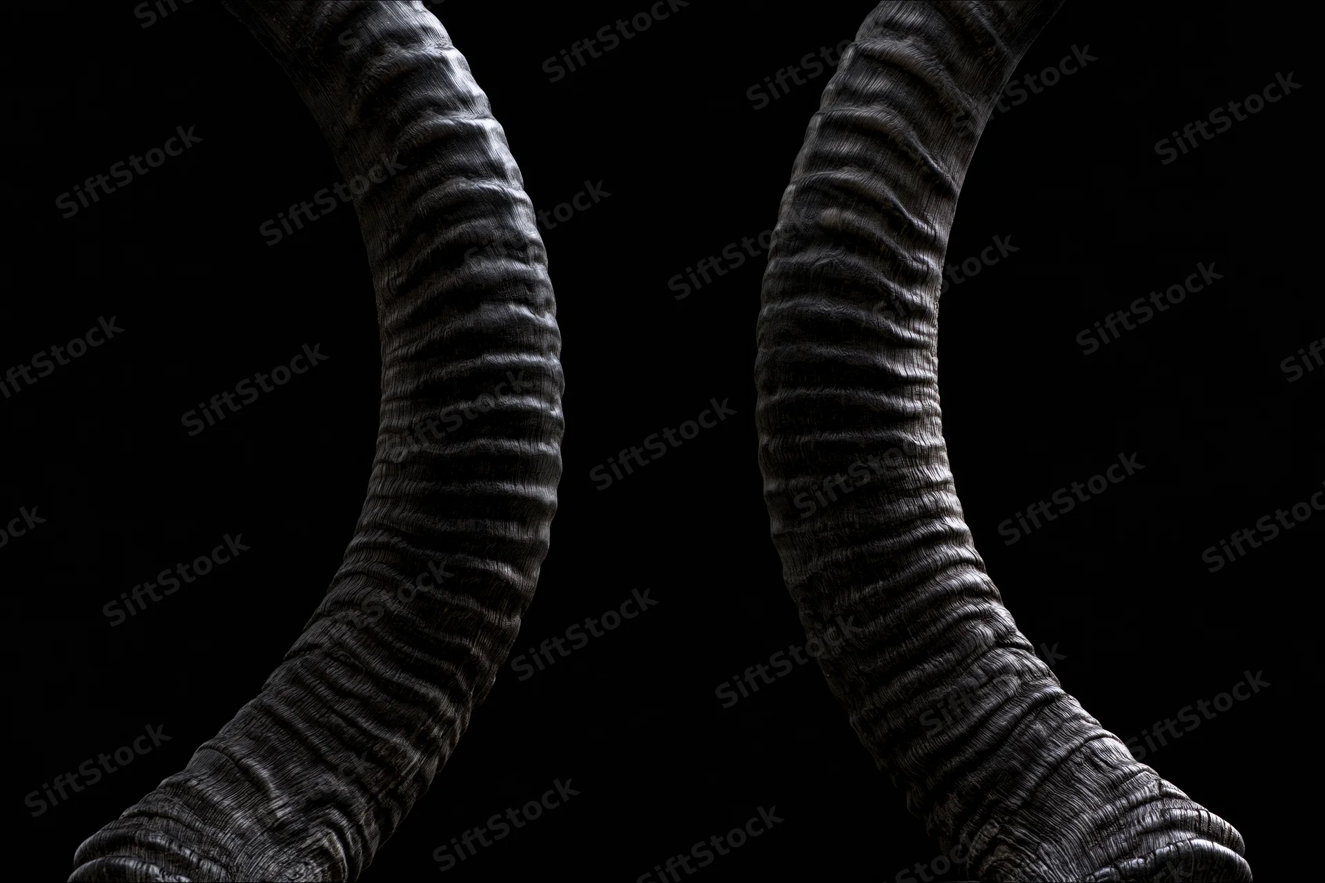Closeup of large curved antelope horns with ridged texture against black background