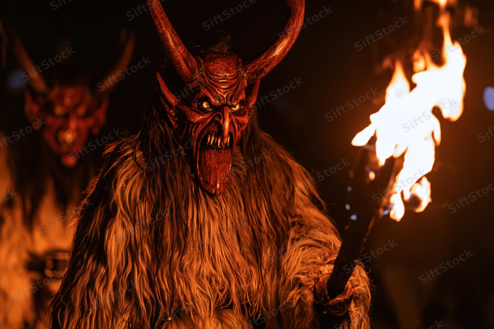 Krampus performer in traditional alpine costume holding flaming torch at night