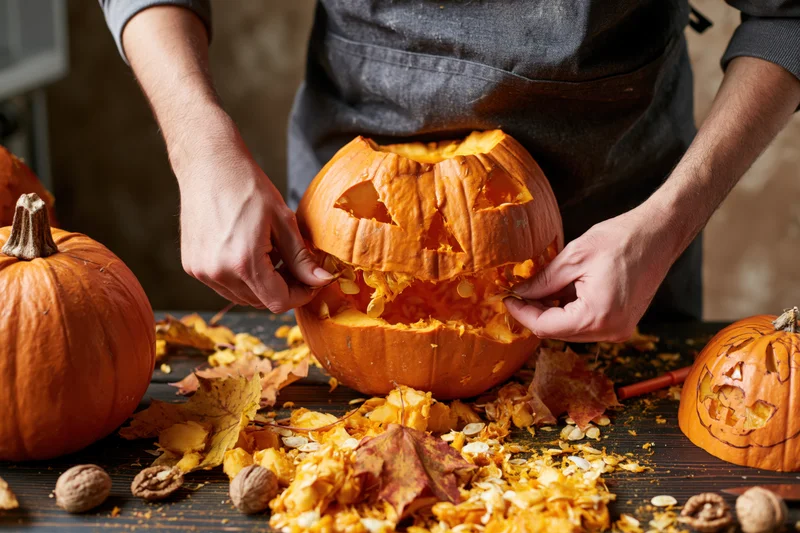 Hands carving a jack-o-lantern on a wooden table surrounded by autumn leaves and seeds