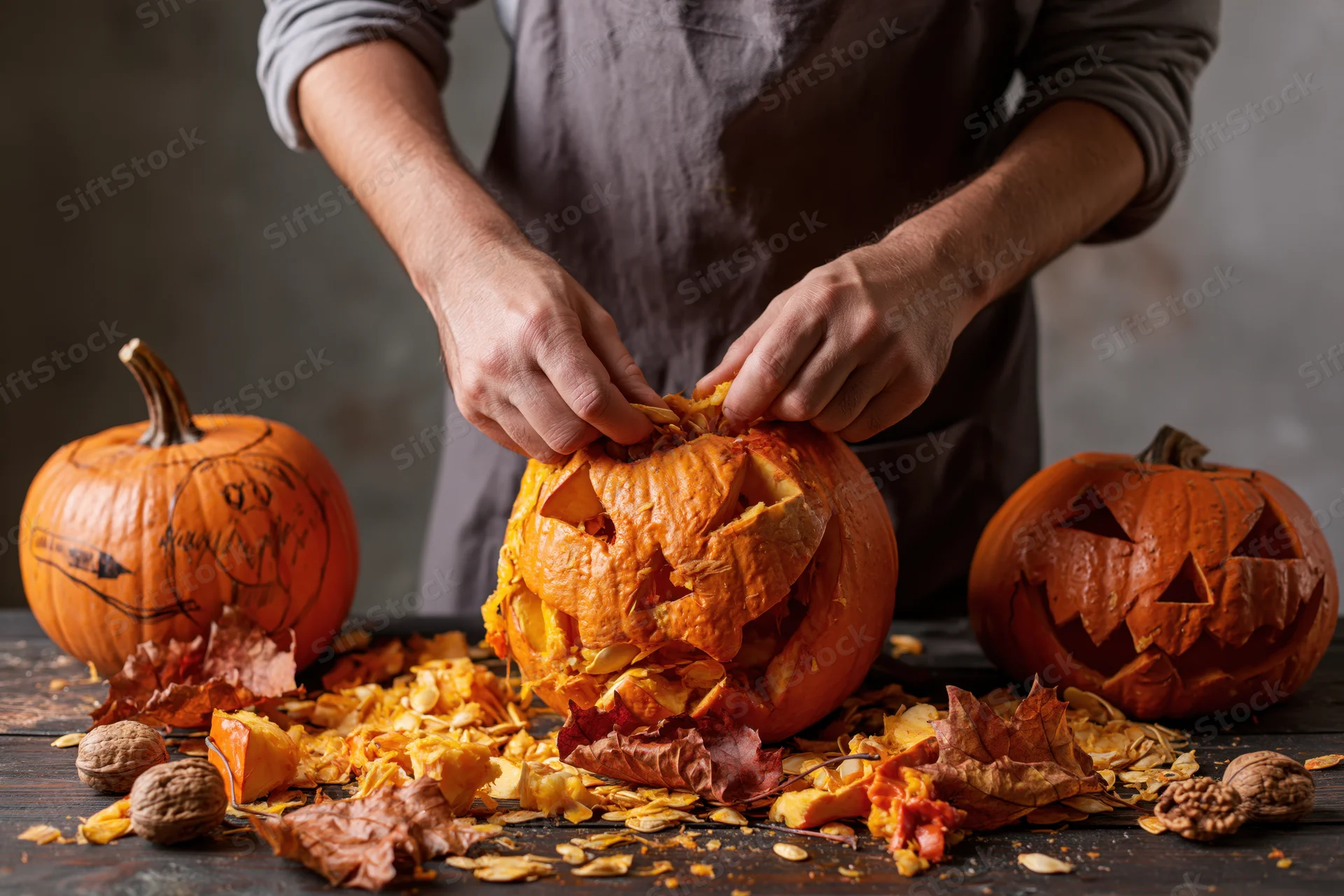 Hands carving a pumpkin on a wooden table surrounded by autumn leaves and walnuts