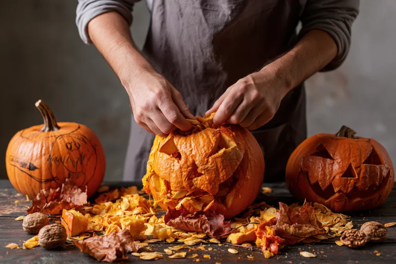 Hands carving a pumpkin on a wooden table surrounded by autumn leaves and walnuts