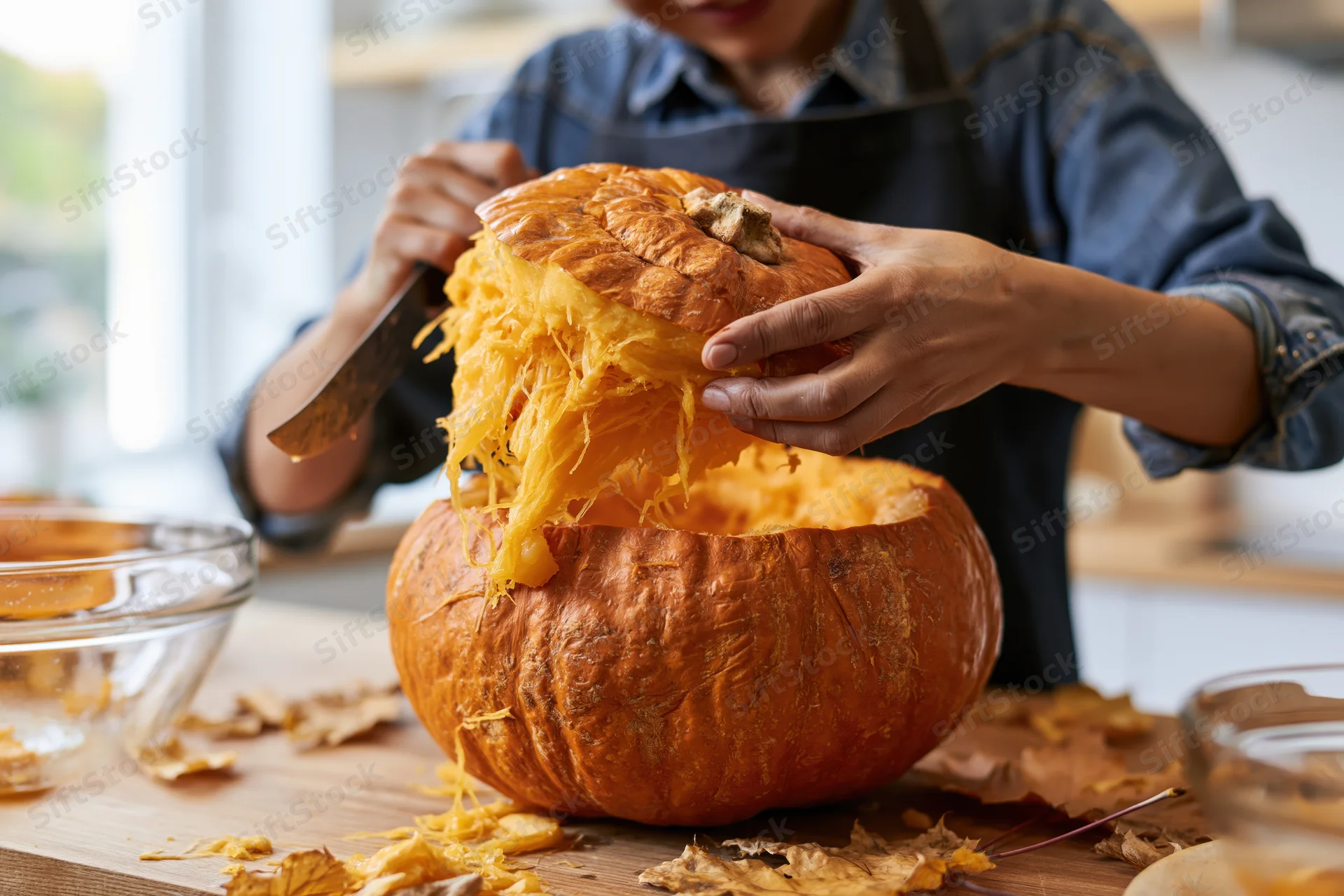 Woman carving a pumpkin on a wooden kitchen table