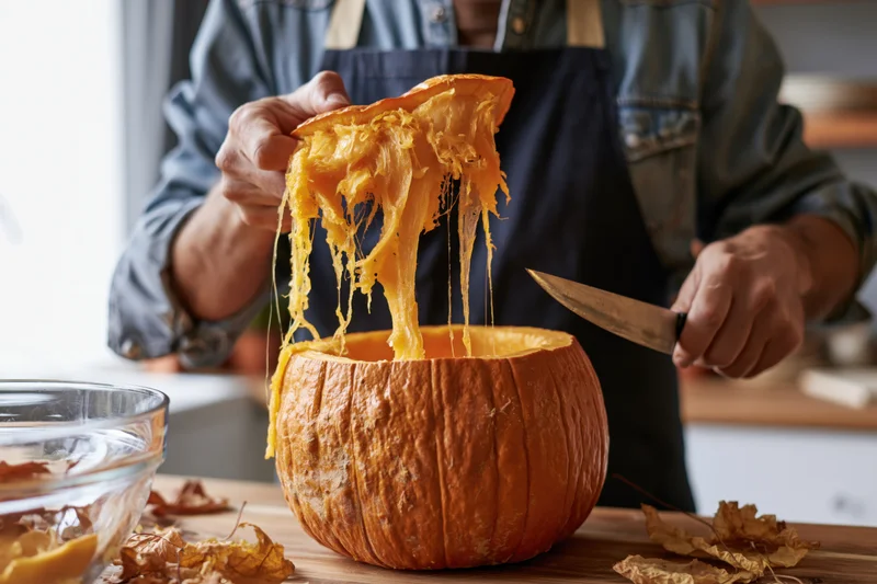 Person carving a pumpkin with a knife on a wooden kitchen table