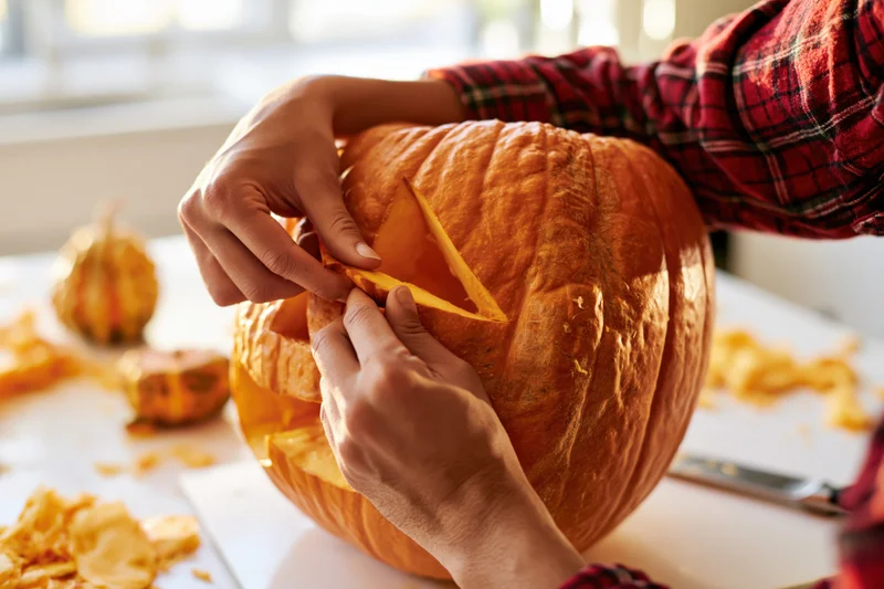 Hands carving a pumpkin for halloween decoration on a kitchen table