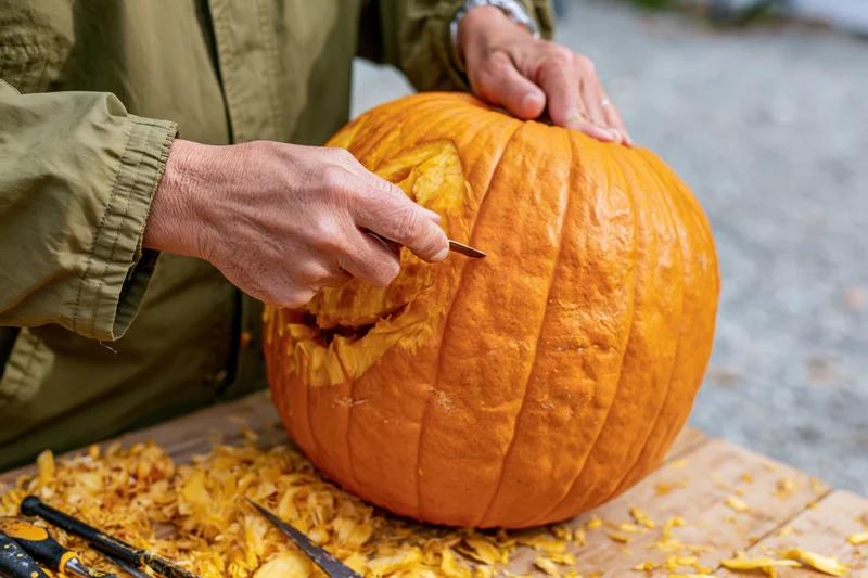Man carving a face into a large orange pumpkin on a wooden board outdoors