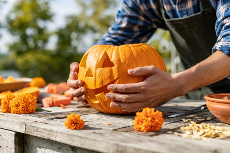 Man carving a jack-o-lantern on a wooden outdoor table surrounded by marigolds and pumpkin seeds