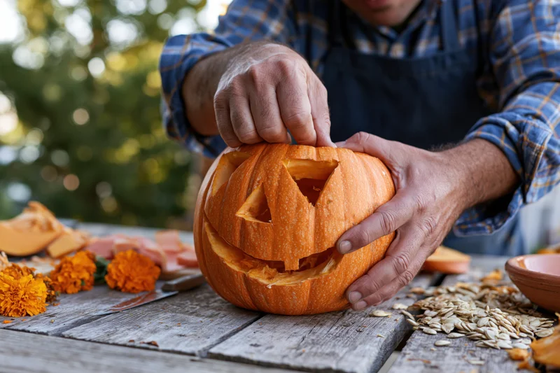 Man carving a jack-o-lantern on a wooden table outdoors