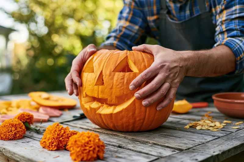 Man carving a jack-o-lantern on a wooden outdoor table surrounded by marigolds and pumpkin seeds