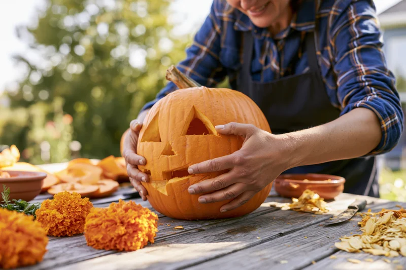 Woman carving a jack-o-lantern on a wooden table outdoors