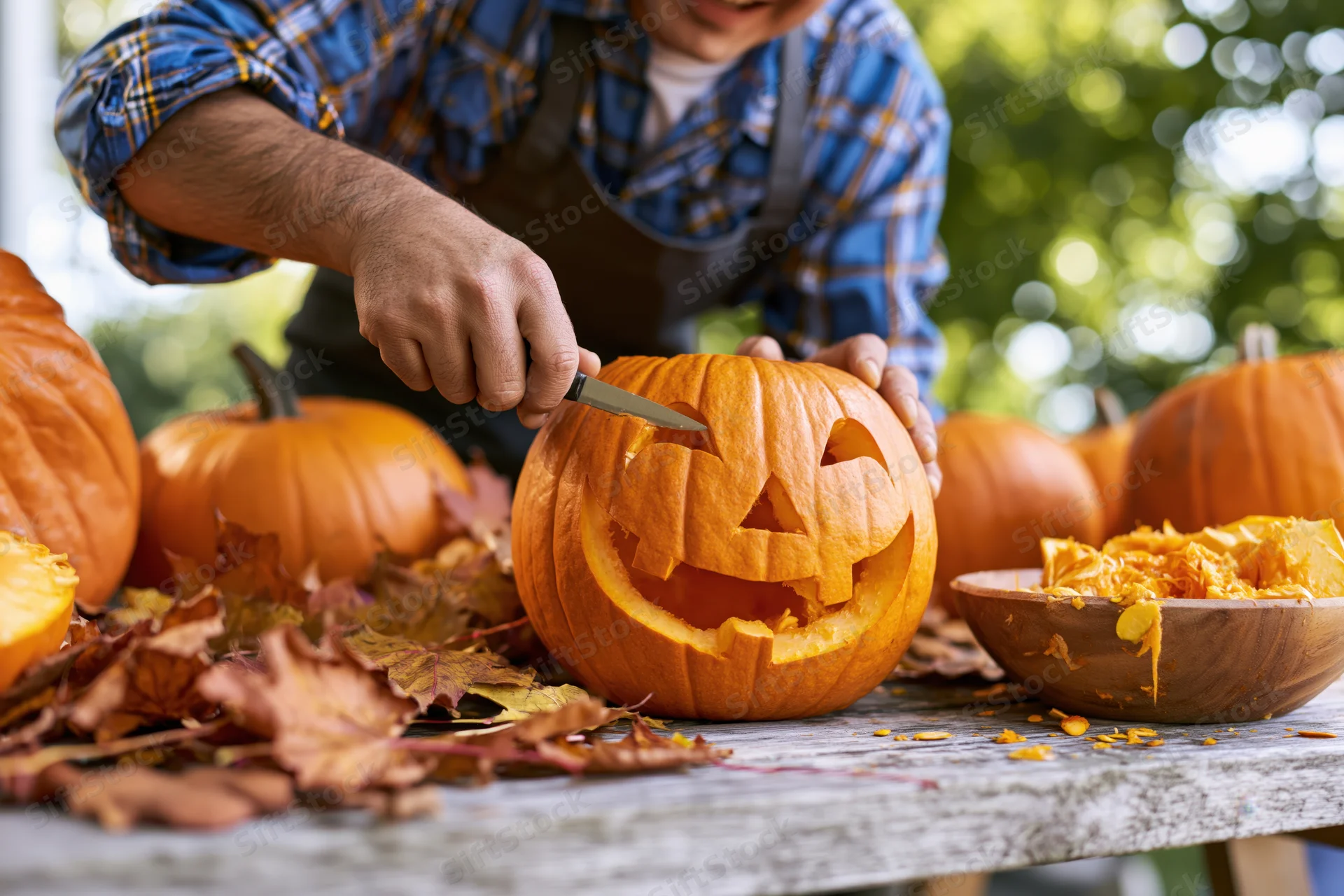 Man carving a jack-o-lantern on a wooden table outdoors surrounded by pumpkins and autumn leaves