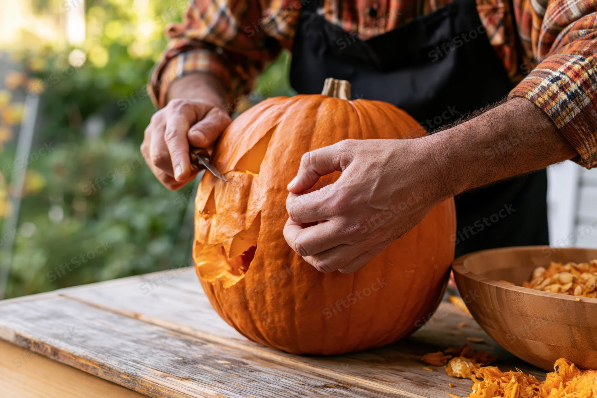 Man carving a jack-o-lantern face into a pumpkin on a wooden table outdoors