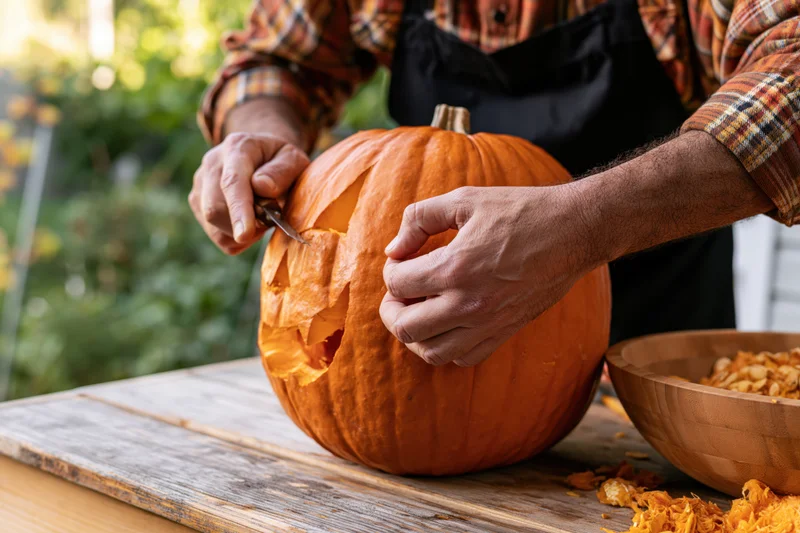 Man carving a jack-o-lantern face into a pumpkin on a wooden table outdoors