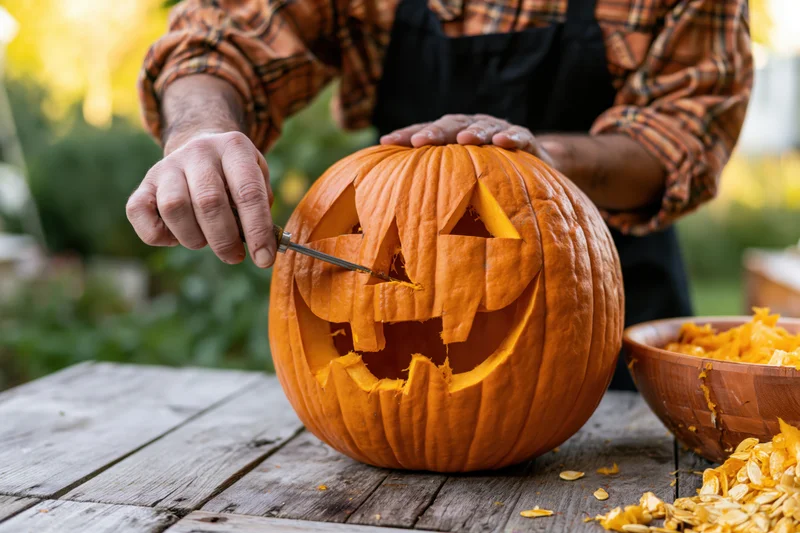 Man carving a jack-o-lantern face into a pumpkin on a wooden table outdoors