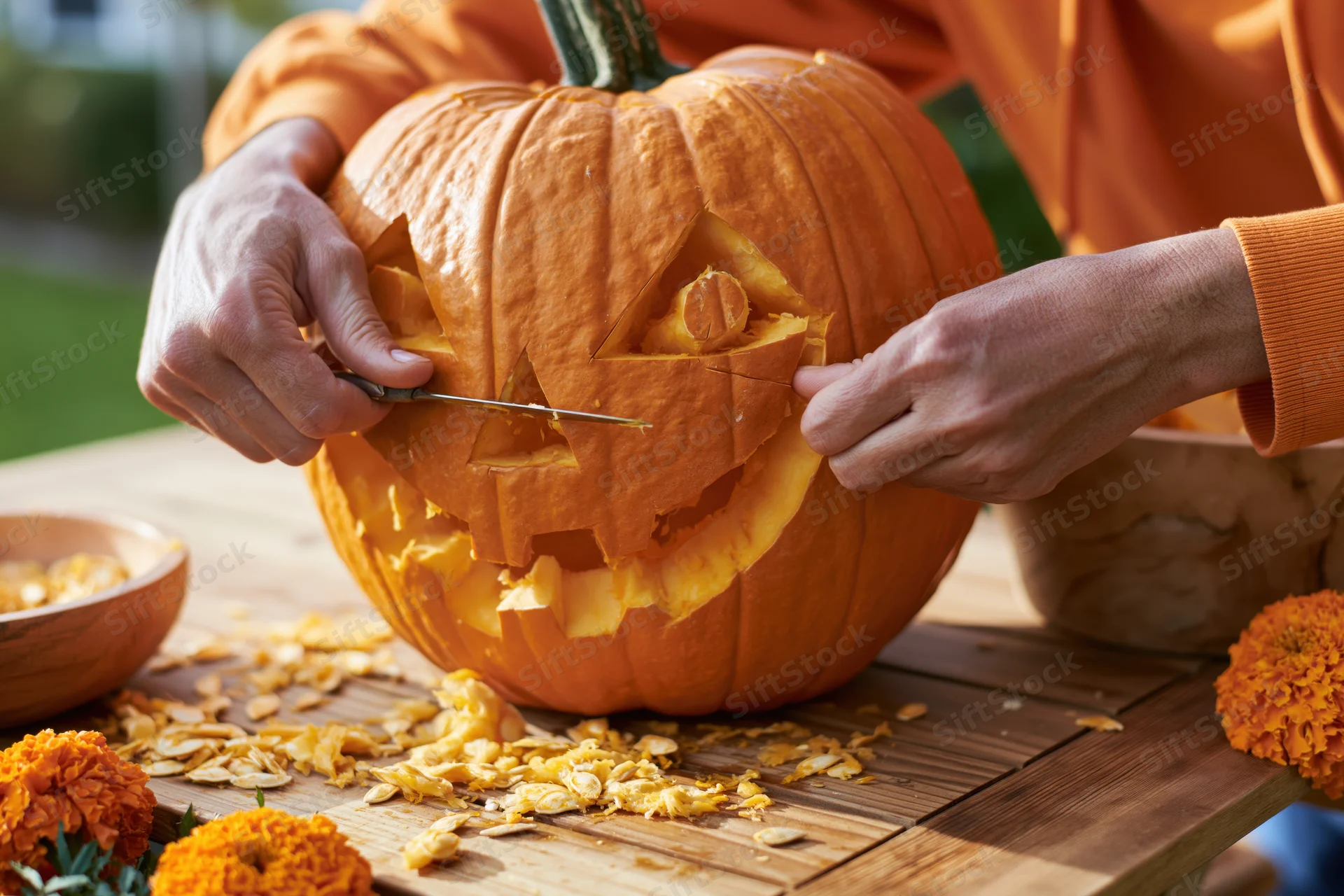 Person carving a jack-o-lantern face into a large orange pumpkin on a wooden table outdoors