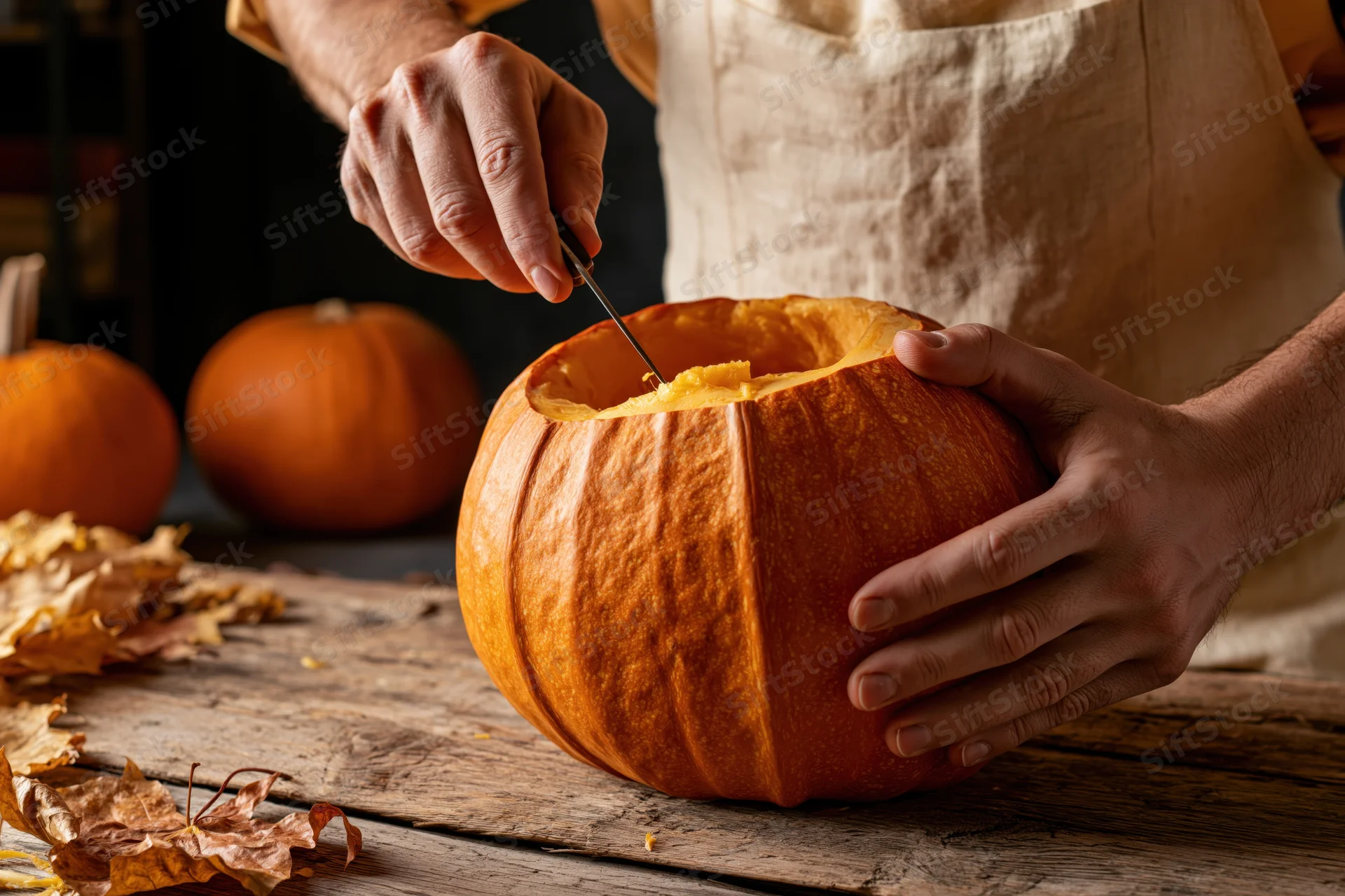 Man carving a pumpkin with a knife on a wooden table surrounded by autumn leaves