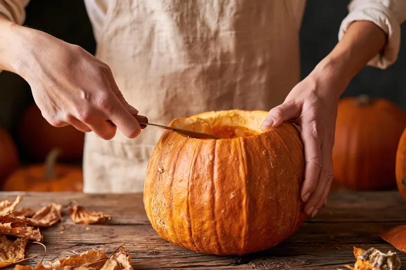 Person carving a pumpkin with a knife on a wooden table surrounded by autumn leaves