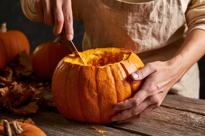 Person carving a pumpkin with a knife on a wooden table surrounded by autumn leaves and other pumpkins