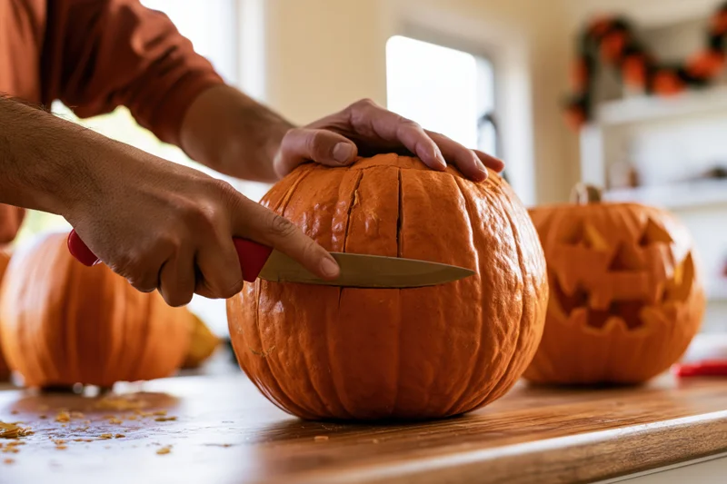 Man carving a pumpkin with a red-handled knife on a wooden table