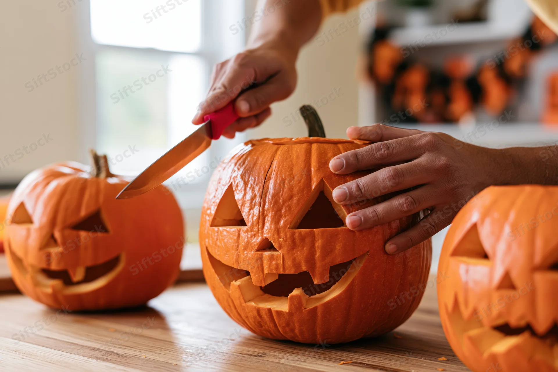 Hands carving a jack-o-lantern with a red-handled knife on a wooden table