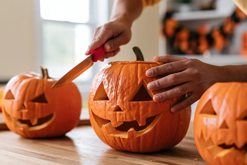 Hands carving a jack-o-lantern with a red-handled knife on a wooden table
