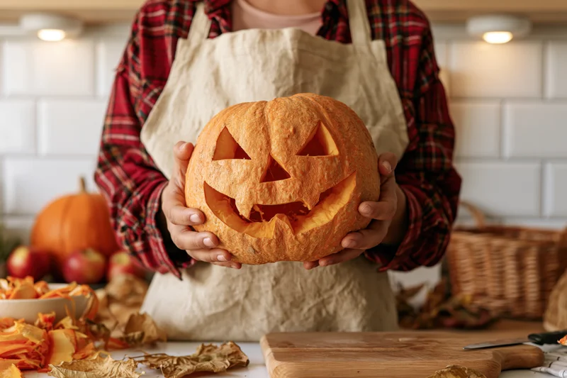 Woman holding carved jack-o-lantern in kitchen with autumn decorations around