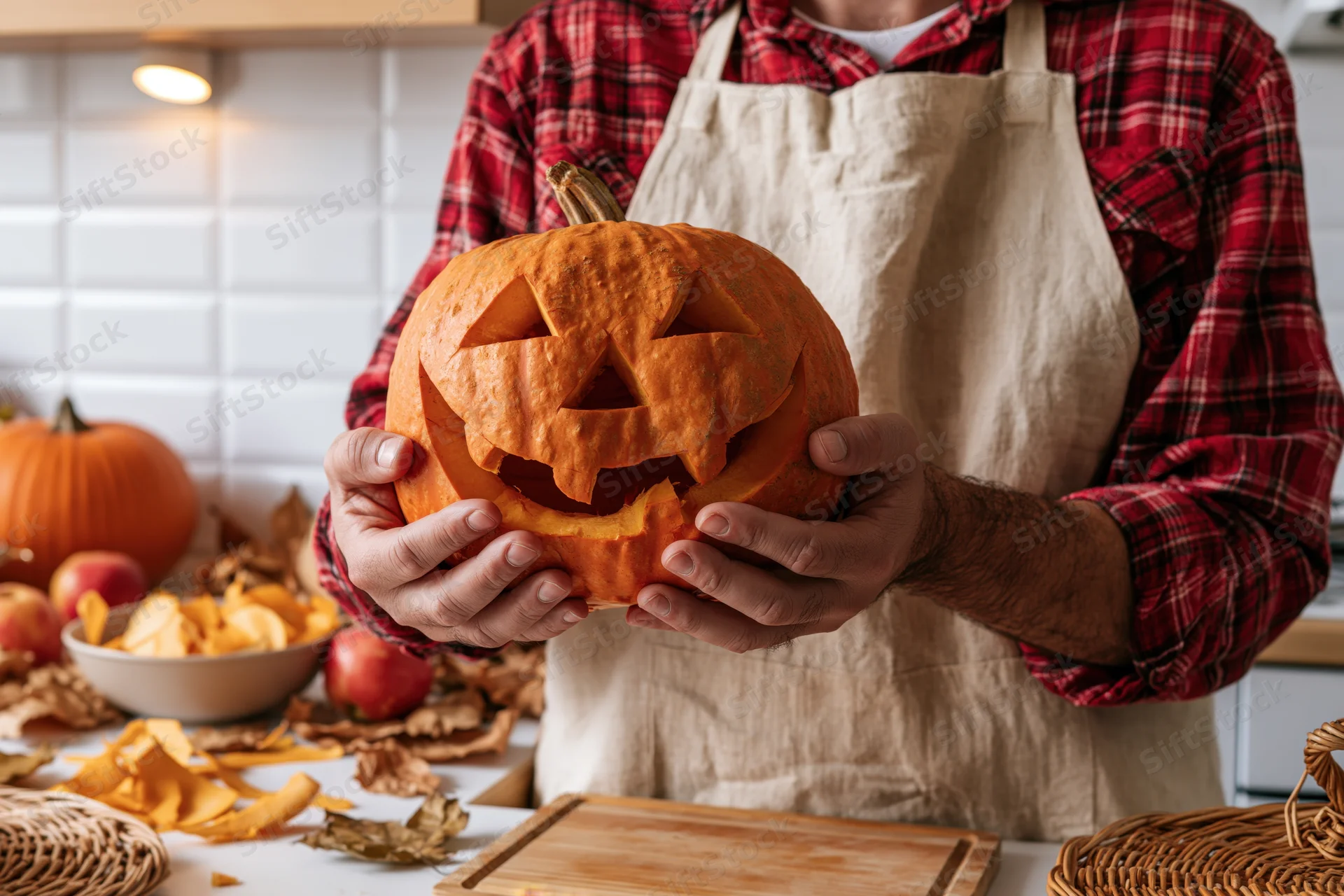 Man holding carved jack-o-lantern pumpkin in kitchen with autumn decorations