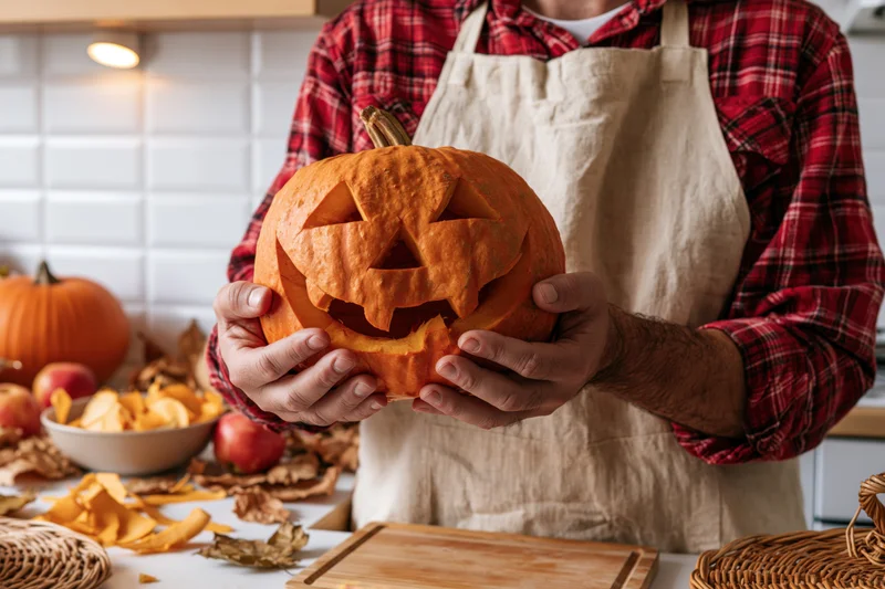 Man holding carved jack-o-lantern pumpkin in kitchen with autumn decorations