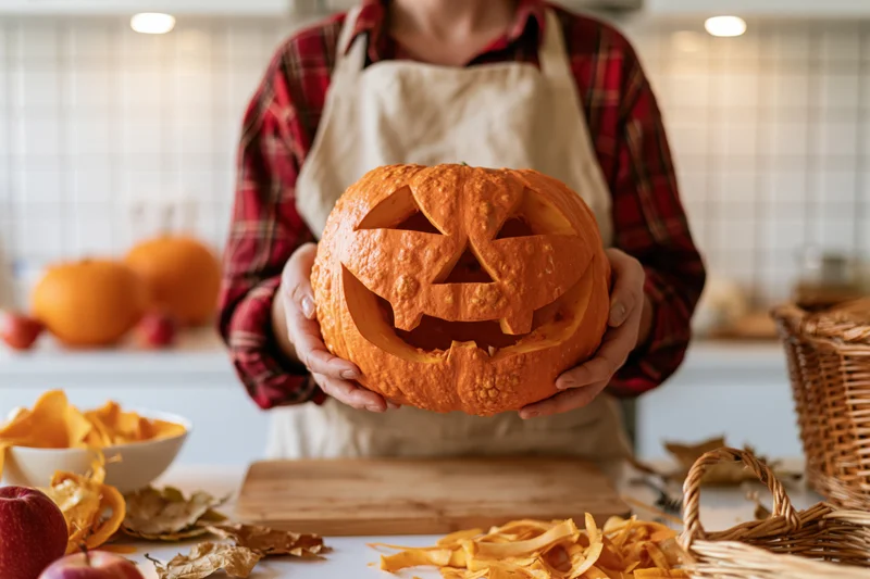Woman holding carved jack-o-lantern pumpkin in kitchen