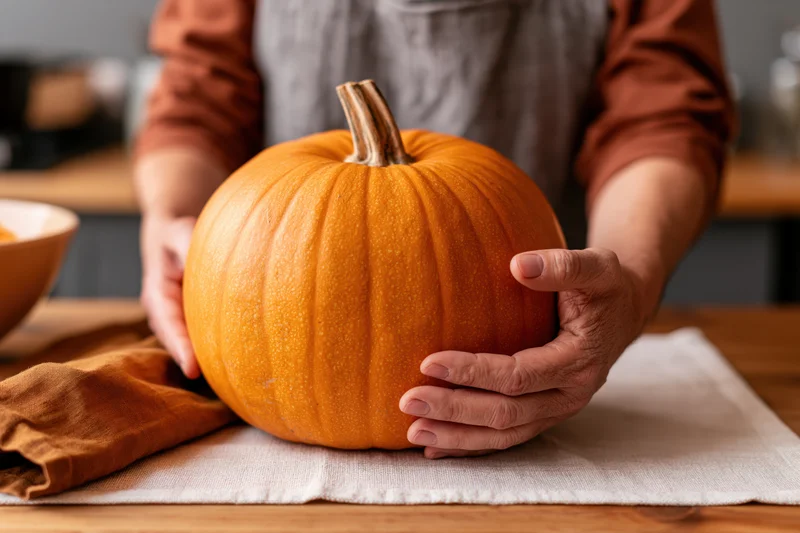 Woman holding a large orange pumpkin on a wooden kitchen table