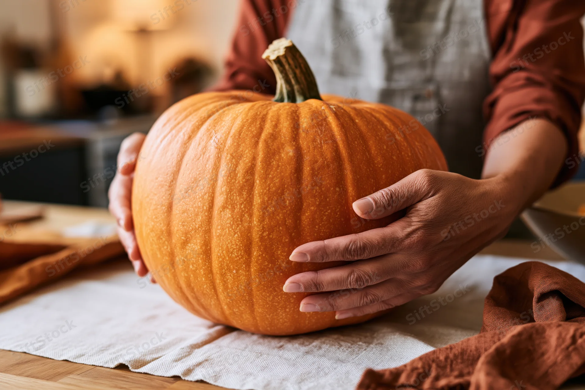 Woman holding a large orange pumpkin on a wooden kitchen table