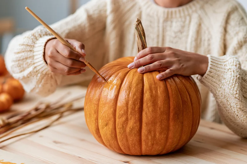 Woman painting a large orange pumpkin on a wooden table