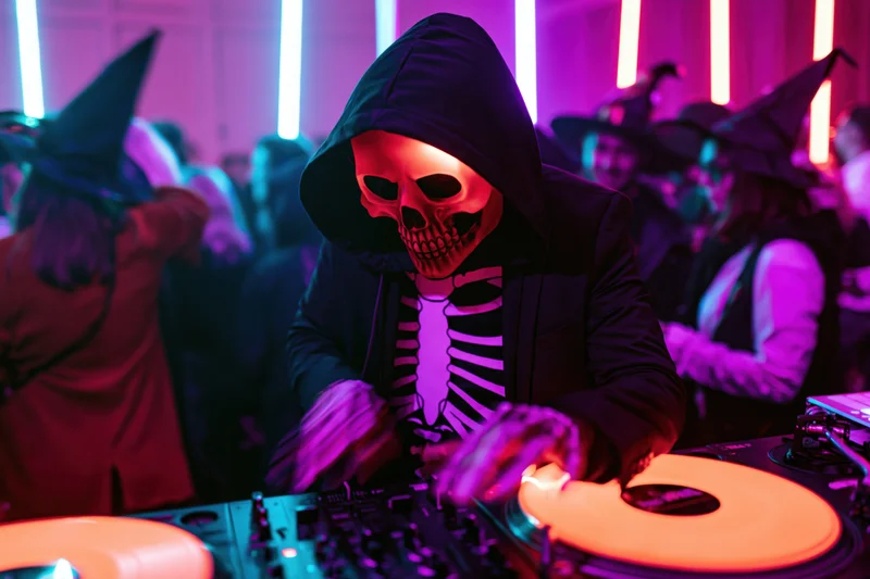 Dj in glowing skeleton costume mixing music at a halloween party in a neon-lit nightclub