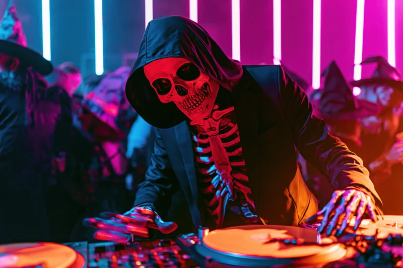 Skeleton-costumed dj mixing music at a neon-lit halloween party