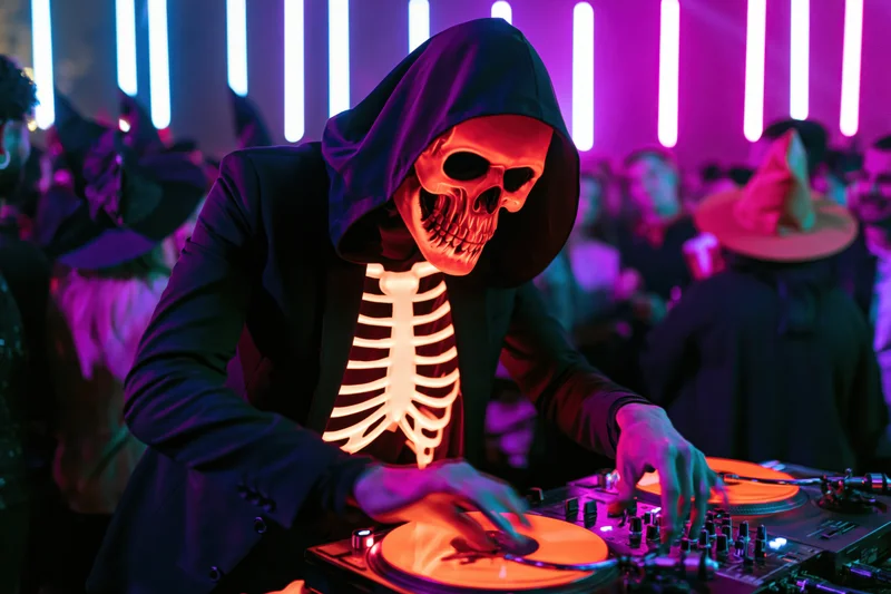 Dj in glowing skeleton costume mixing music at a halloween party