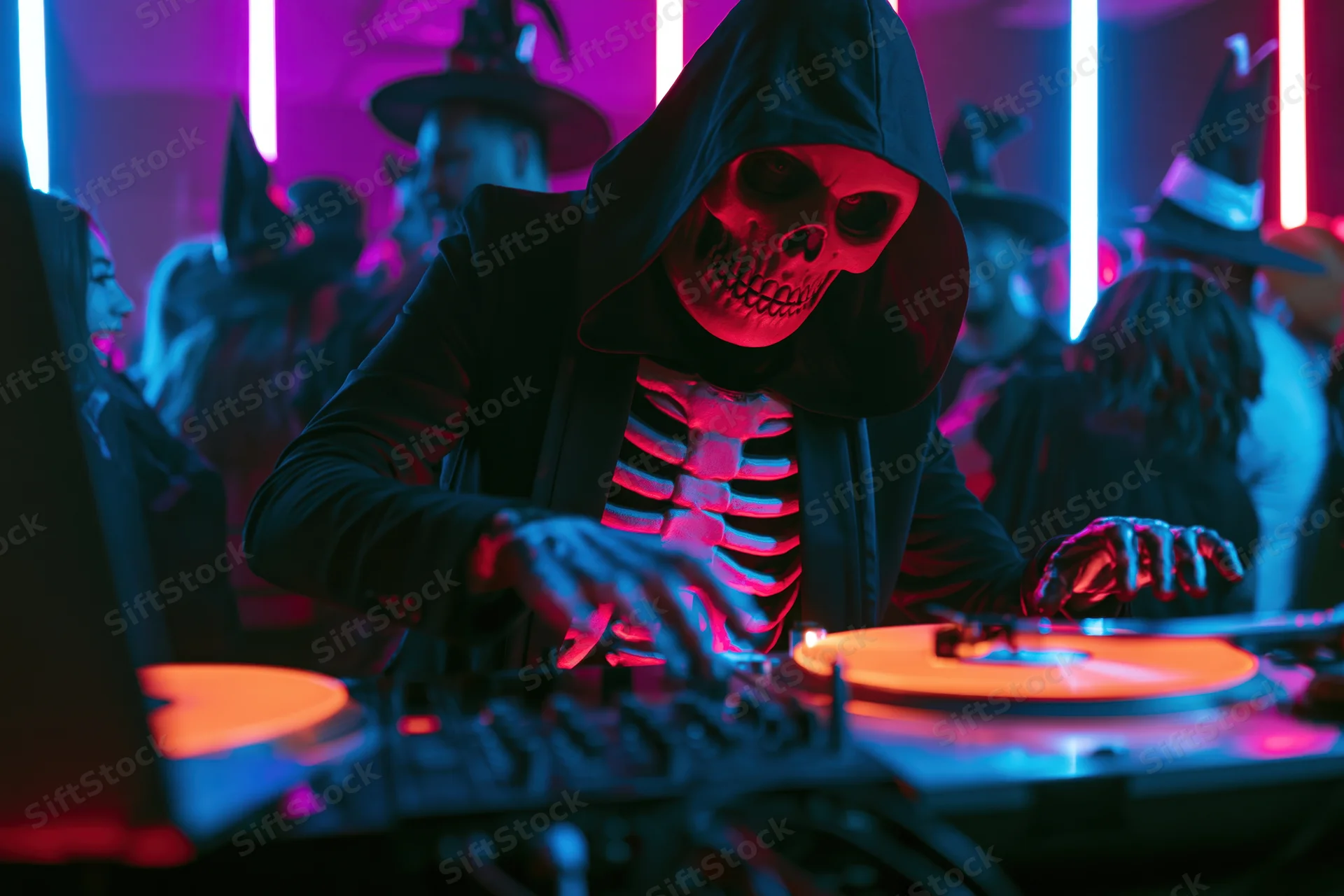 Dj in glowing skeleton costume mixing music at a halloween party in a neon-lit club