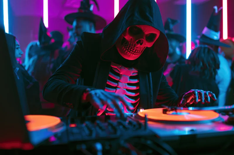 Dj in glowing skeleton costume mixing music at a halloween party in a neon-lit club