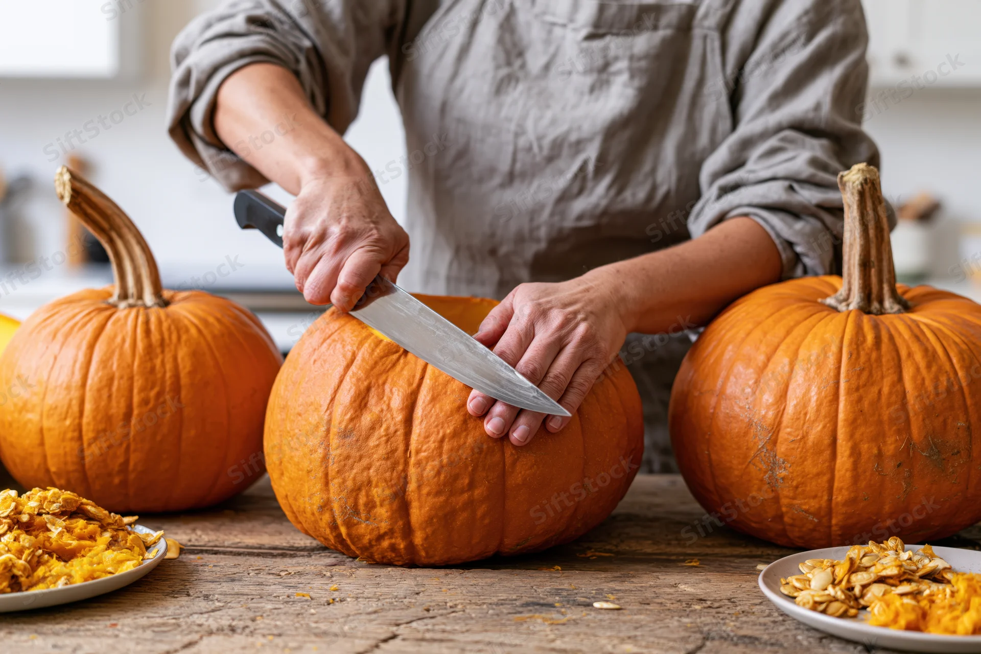 Woman cutting a pumpkin on a wooden kitchen table surrounded by pumpkins and seeds