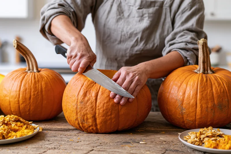 Woman cutting a pumpkin on a wooden kitchen table surrounded by pumpkins and seeds