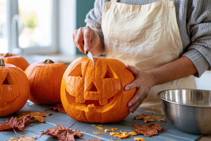 Woman carving a jack-o-lantern face into a pumpkin on a kitchen table surrounded by autumn leaves and other pumpkins