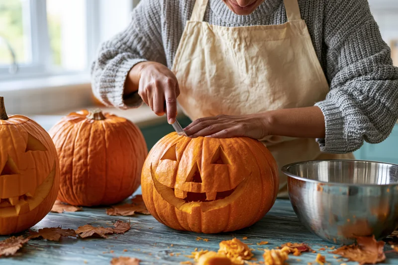 Woman carving a jack-o-lantern on a kitchen table with pumpkins and autumn leaves around