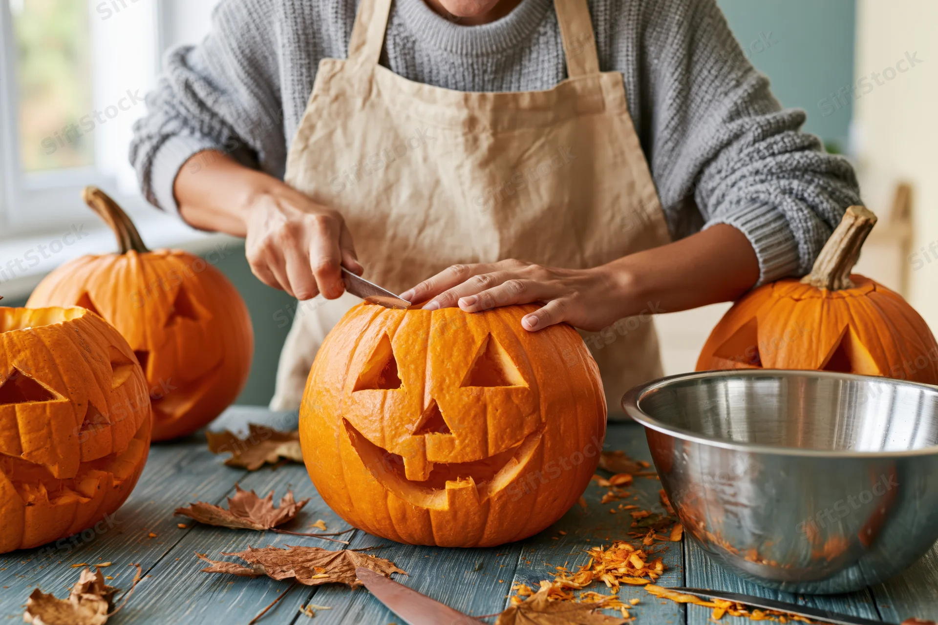 Woman carving a jack-o-lantern on a wooden table with other pumpkins and autumn leaves around