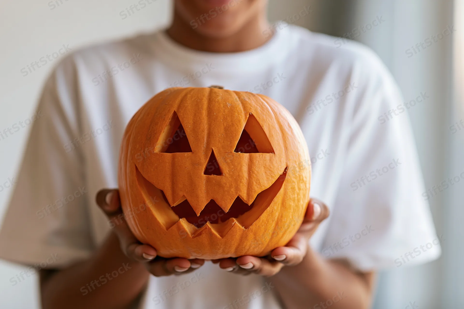 Young woman holding carved jack-o-lantern in white t-shirt indoors