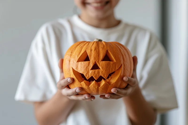 Woman holding carved jack-o-lantern in white t-shirt indoors