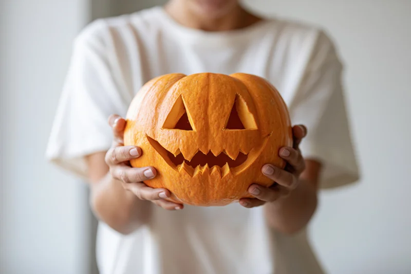Woman holding carved jack-o-lantern in front of her body indoors