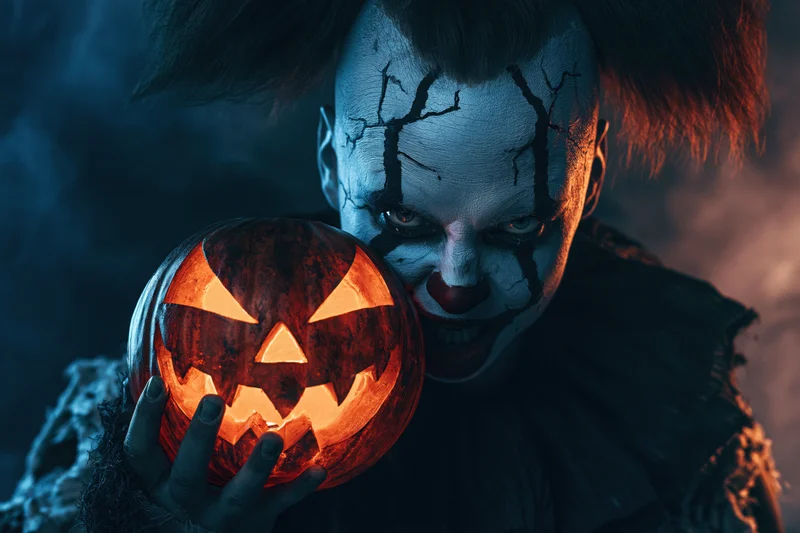 Creepy clown with cracked white makeup holding a glowing carved pumpkin in a smoky dark setting