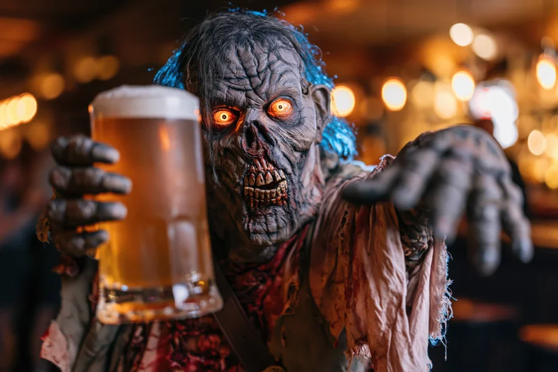 Zombie in halloween costume holding beer glass in dimly lit bar