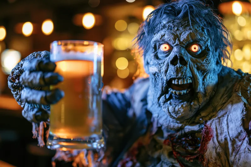 Zombie in elaborate costume holding a beer glass in a dimly lit bar