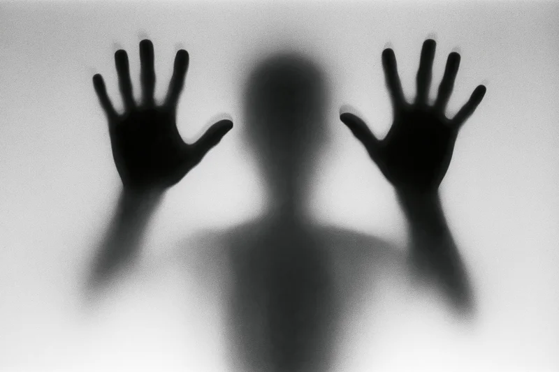 Silhouette of a person pressing hands flat against frosted glass